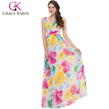 Grace Karin 2015 Off Shoulder V-Back Padrão de flor Long Floral Chiffon Free Prom Dress GK000019